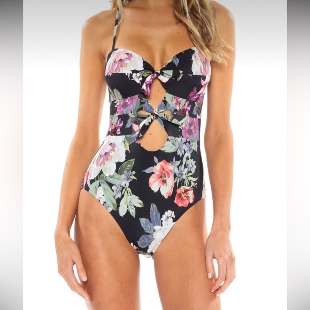 BECCA One Piece Swimsuit Floral Cutout Tie Front - Medium NWT Resort Luxury